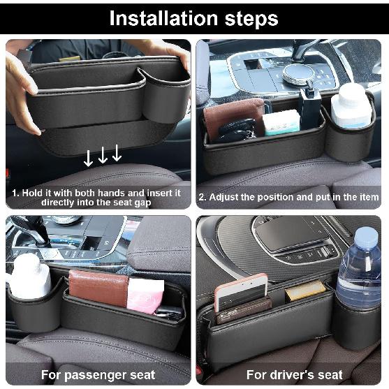 Car Seat Gap Filler Organizer With Cup Holder, 2 Pack Adjustable Leather Car Side Seat Storage Box, Multifunction Interior Storage Organizer For