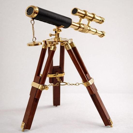 Brass Double Barrel Telescope 38.1 cm Nautical Decor with Wooden Tripod Home Office Decoration Gifting