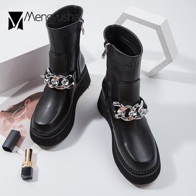 Fashion British Metal Chain Riding Boots Women Platform Shoes Round Toe Mid-calf Botas Chunky High Heels Thicken Soled Knight Bottes