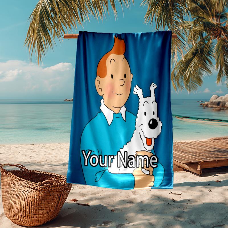 Custom Name Ultra-Soft Beach Towel with Tintin Theme,Ideal for Pool - Camping, Diving - Perfect Travel Essential, Vibrant Beach Towel.