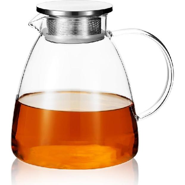 68OZ/2000ML One Touch Glass Teapot with Stainless Steel Filter Lid, Stovetop & Microwave Safe Tea Maker Water Kettle, Strainer & Cover 2 in 1 Loose