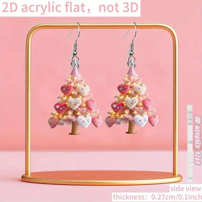 Pink Heart Christmas Tree Doll Earrings - Acrylic Holiday Decoration