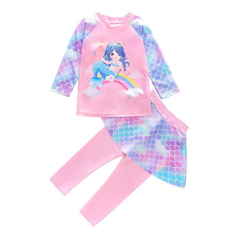 Kids' Long Sleeve Mermaid Swimsuit with Sun Protection and Quick-Dry Pants
