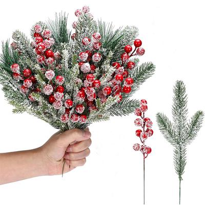 5/10Pcs Artificial Pine Needle Branches Fake Red Berry Christmas Decoration for Xmas Wreath Ornament Home Decor 2026 Navida Gift