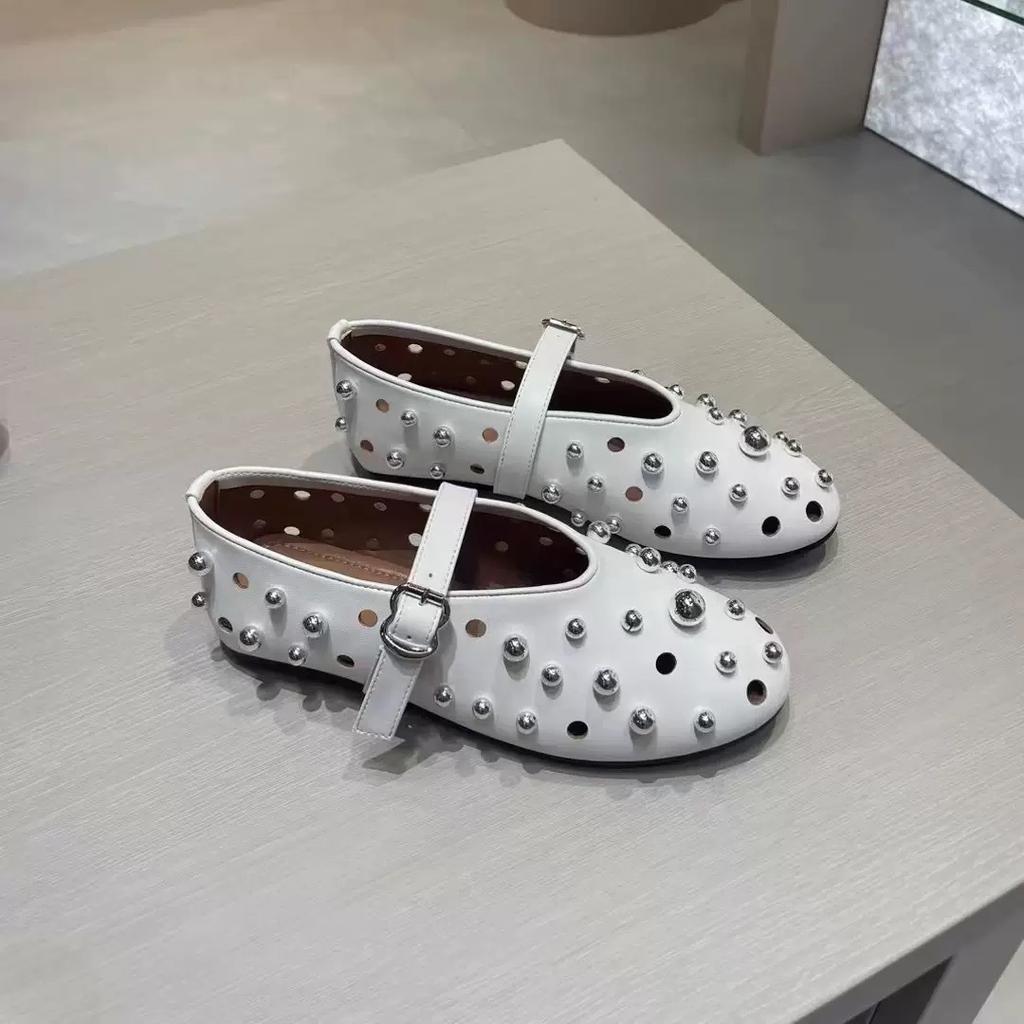 Sheepskin Version~ Flat Shoes, Ballet Shoes, One-word Buckle Rivets, Mary Jane Shoes, Shallow Mouth Versatile Hollow Single Shoes Women