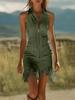European Elegant Zipper Tassel Off-Shoulder Dress with Lapel - Sleeveless Solid Color Style