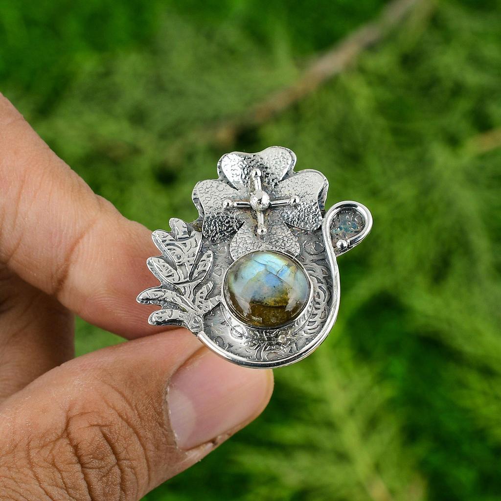 Mothers day Deal Sterling Silver Round Labradorite Stone New Flower Ring Jewelry