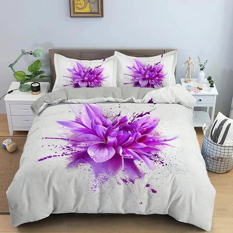 Blühende Blumen King Queen Bettbezug Rote Granatapfelblüte Bettwäscheset für Frauen Lieblich Floral 2/3-teilig Polyester Steppdeckenbezug