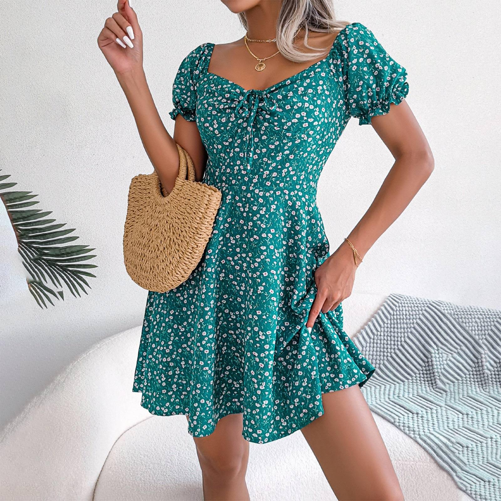 

Модное и сексуальное женское летнее повседневное свободное платье с рукавами-колокольчиками и шнуровкой с цветочным принтом XL зелёный