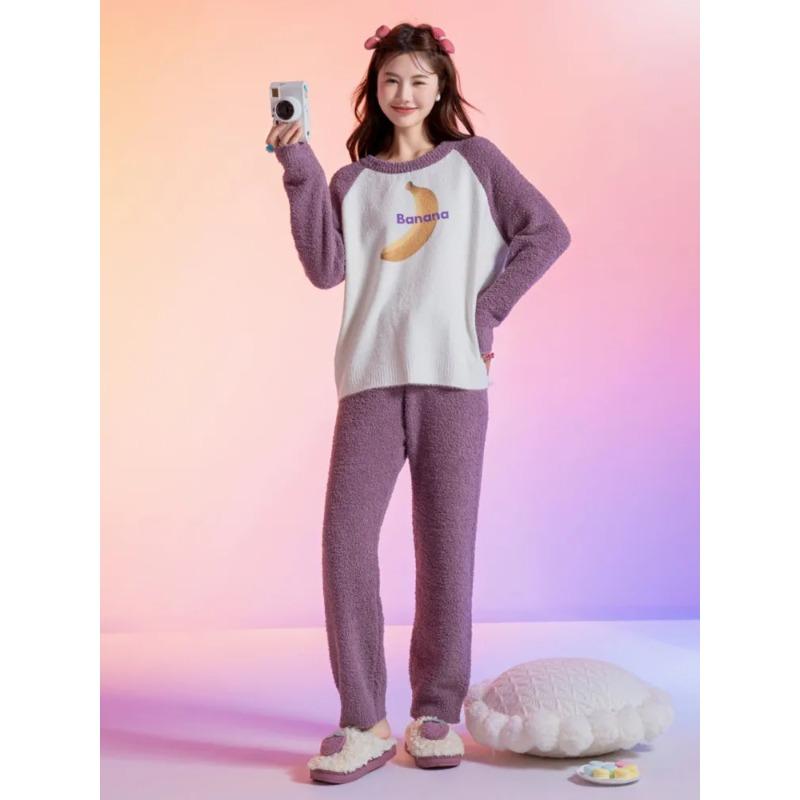 Sweet Banana Pajamas for Women Winter Half Velvet Warm Coral Velvet Home Clothes Can Be Worn
