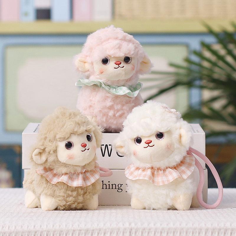 Cute Fluffy Lamb Plush Toy Soft Fuzzy Fabric Plaid Ruffle Collar Home Decor Ornament for Kids Birthday Party Gift