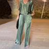 2 Pcs/Set Women Top Pants Suit V Neck Short Sleeves Satin T-shirt Drawstring