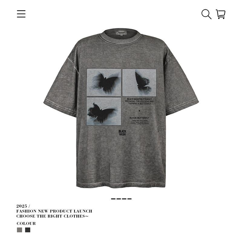 Men S Washed Retro Butterfly Couple Casual Street T-Shirt Trendy Brand Ins Retro Loose Top Printed Short Sleeve M