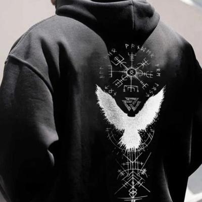 Plus Size Street Men's Hip Hop Retro Spell Crow Totem Print Hooded Sweatshirt