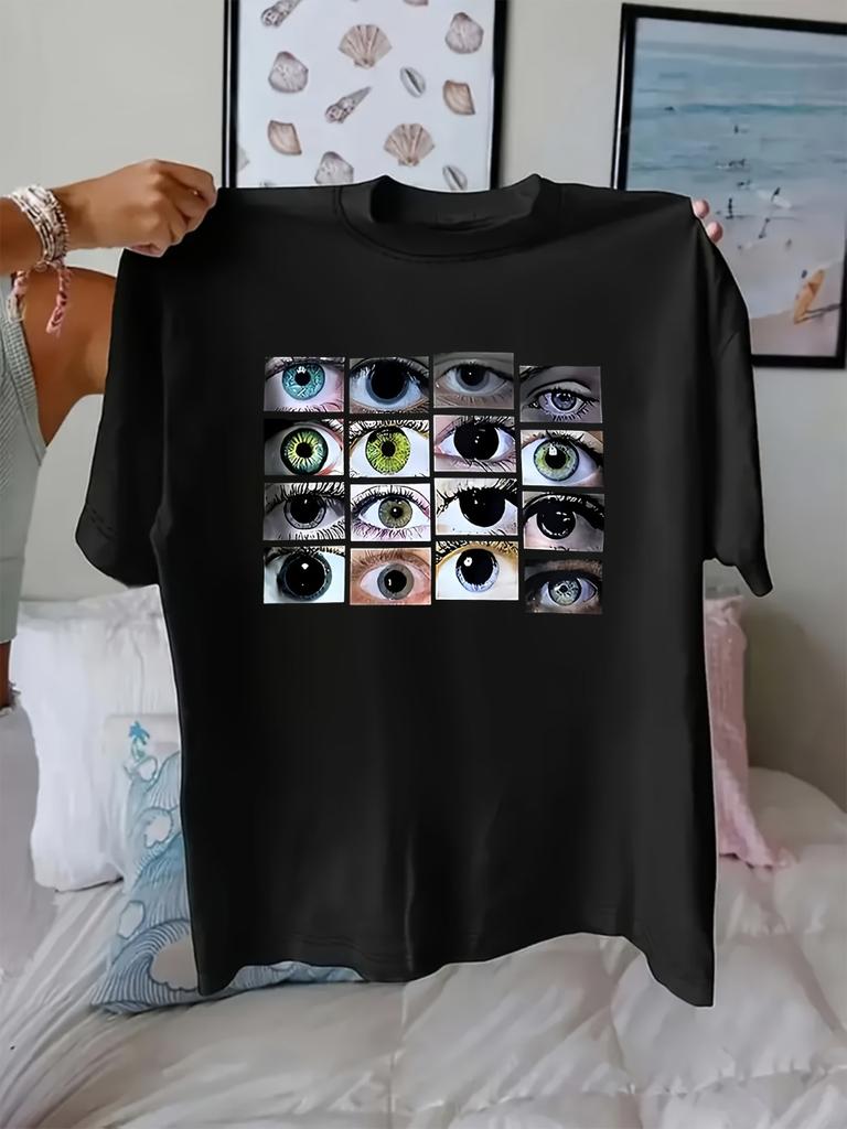 Womens Eye Print TShirt Soft Blend Oversized Line Top with Round Neck Short Sleeve Casual Spring Summer Casual Crew Neck Tee