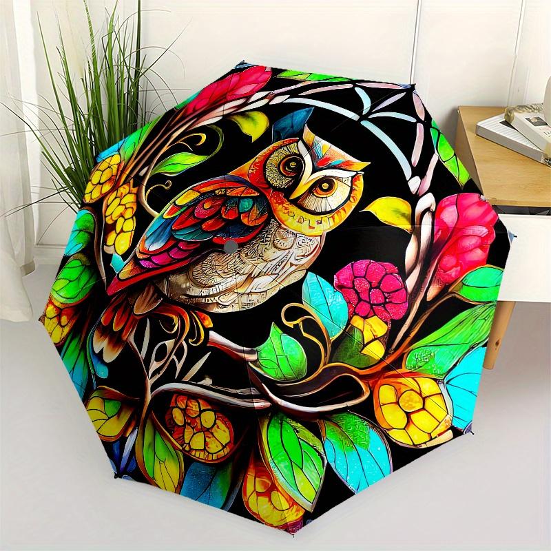 Owl, Stained Glass Automatic folding umbrella simple eight rib design, bright color pattern, durable iron frame, ideal for travel and outdo