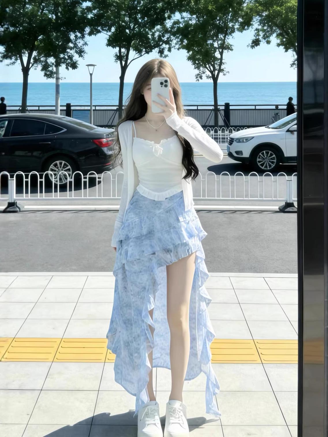 

Korean Style Beach Outfit: 2026 Women s White T-Shirt & Irregular Skirt Set Extra Large