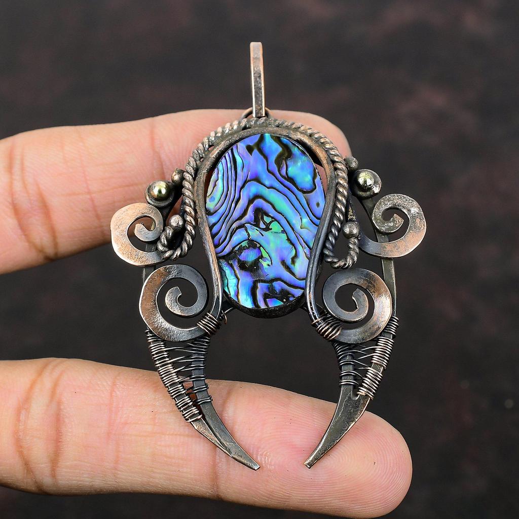 Abalone Shell Pendant Copper Wire Wrapped Pendant Gemstone Pendant Abalone Shell Jewelry Handmade Pendant Gift For Him Unique Copper Jewelry