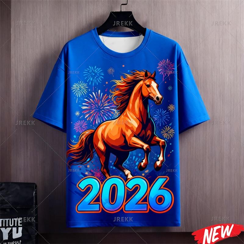 Colorful Happy New Year T Shirt Women 2026 New Year Round Neck Short Sleeve Women Family 3d Printing Horse Festival Party T Shirts