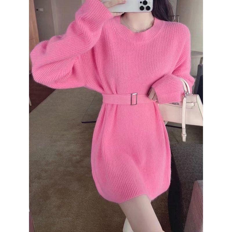 Women's Knit Dress Autumn Winter Simple Midi Sweater Dress Slim Fit Pullover Sweater Dress with Belt