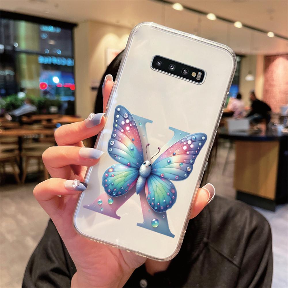 For Samsung Galaxy S10 Plus S10+ S10e Silicone Cover Transparent Clear Samsung s10 Cute Blue Butterfly Flower Letters Phone Case