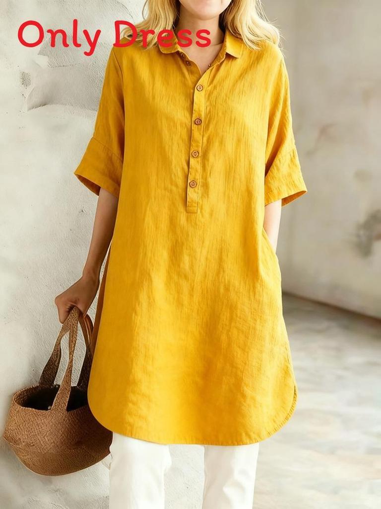 Cotton Linen Casual Dress With Pique Stitch For Summer Leisure Wear For Middleaged Women