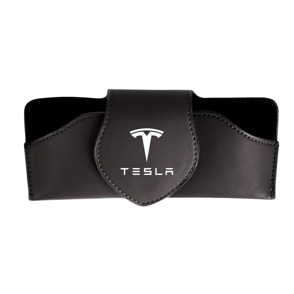 Car Sticker Tesla 1/2Pcs Car Glasses Clip Sun Visor Sunglasses Leather Storage Case For Tesla Model 3 Y S X Roadster Cybertruck