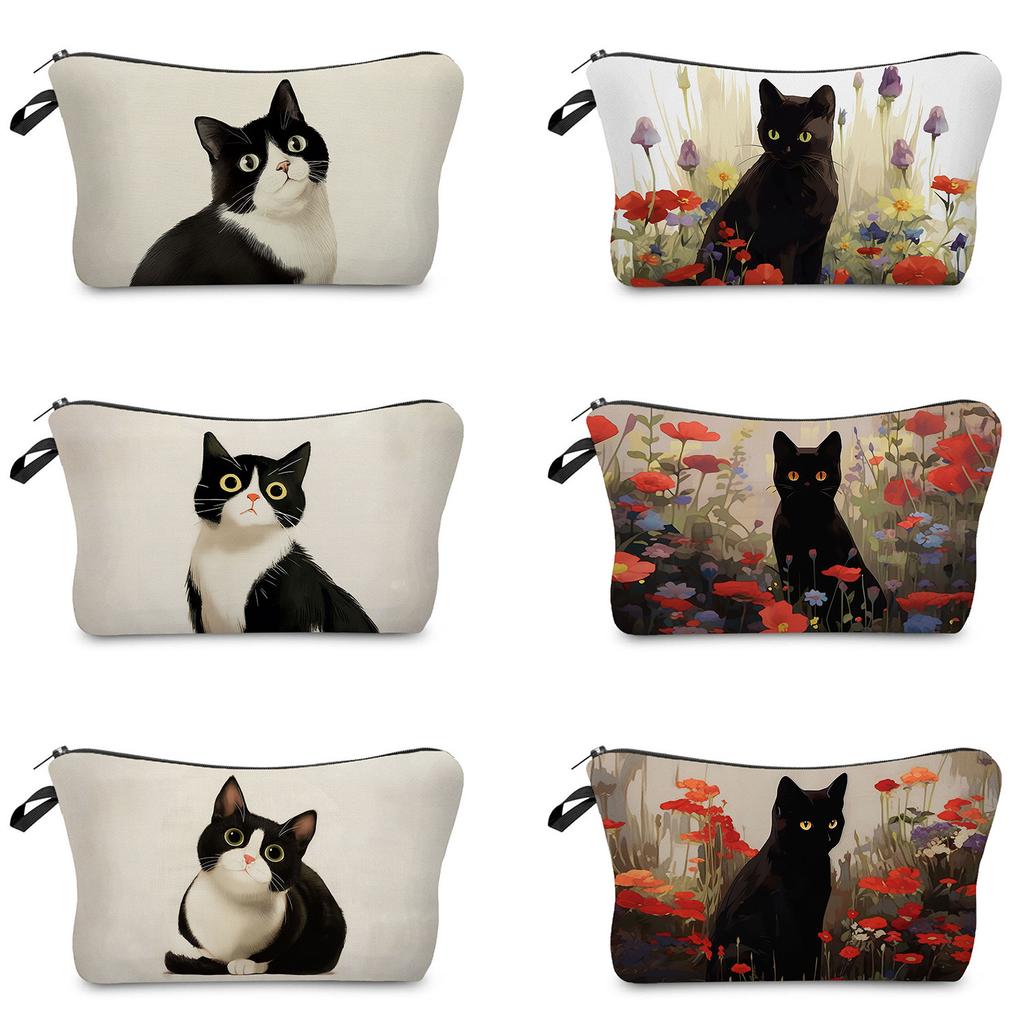 Black Cat Printed Cosmetic Bag, Daily Travel Nail Polish Storage Bag, Lipstick Skin Care Product Clutch Bag