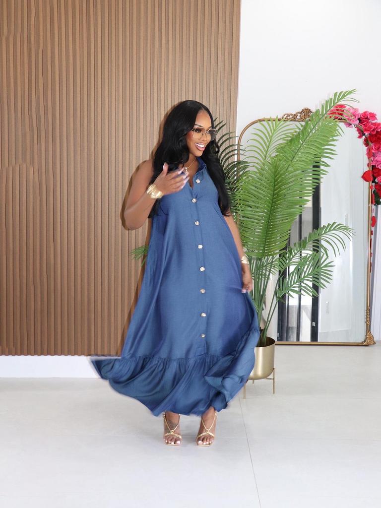 TW851 European Sleeveless Ruffle Long Dress - Women's Casual Holiday Button-Down Lapel Style