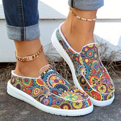 Ladies Color Mandala Flower Pedal Loafers Casual Round Toe Shoes