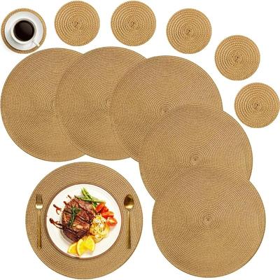 1Pcs Round Table Mat and Cup Coasters Set Woven Ramie Placemats Anti Slip Dining Placemats Non-Slip Tableware Bowl Pads Kitchen
