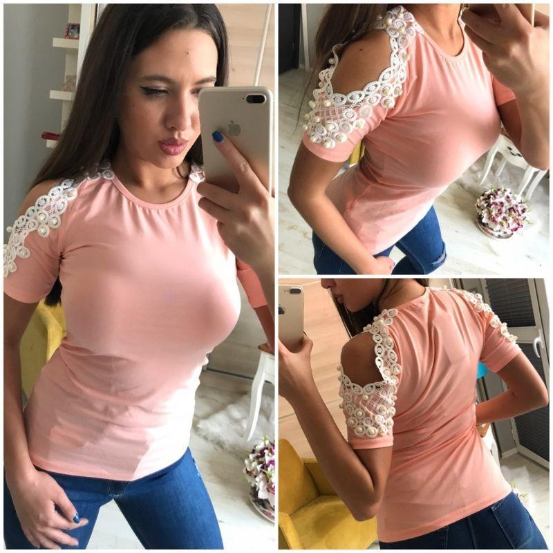 Trendy Women Short Sleeve Off Shoulder Lace Splice Blouse With Comfortable Fit