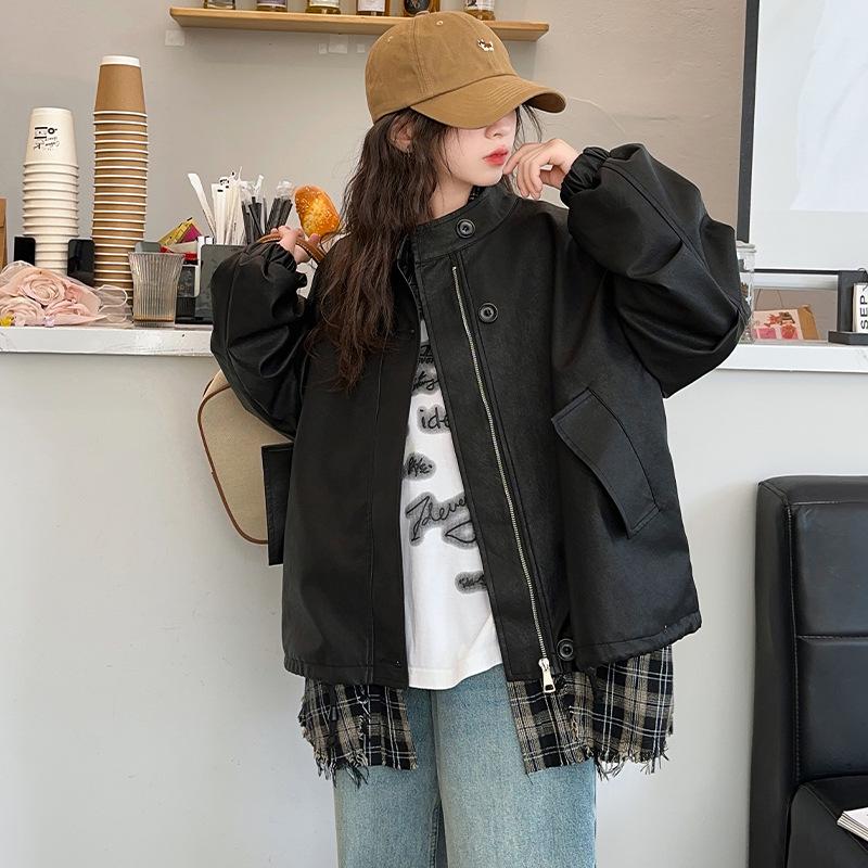 

2025 Осень Девочки Повседневная Кожаная Куртка - Модная Уличная Верхняя Одежда для Старших Девочек 130cm чёрный
