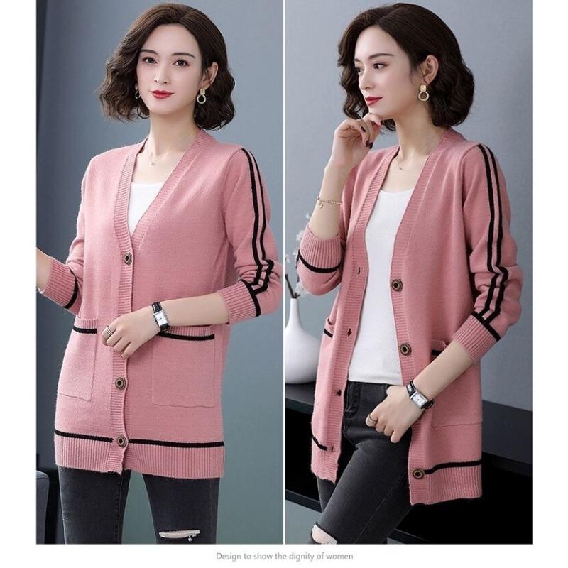 Odzież wierzchnia Kardigan Damski Średniej Długości Wiosna Jesień Duży Rozmiar Luźny Sweter Dzianinowy Płaszcz Gruby Dzianinowy Żakiet