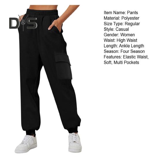 Women Cargo Pants Elastic Waist Solid Color Loose Ankle Length Multi Pockets Casual Soft Breathable Lady Sports Long Trousers
