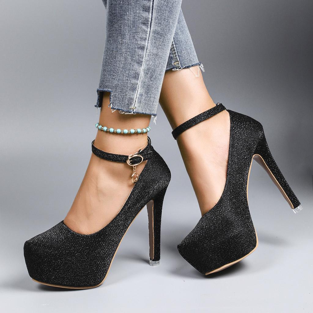 Women's High Heels New Style Semi-Uppered Thin Heel Waterproof Platform Buckle Fashion Shoes Large Size Strap Shoes