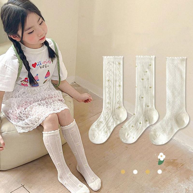 3Pairs/Set White Floral Baby Girls Socks Summer Breathable Mesh Knee High Sock Korean Kids Princess Ruffle Long Socks