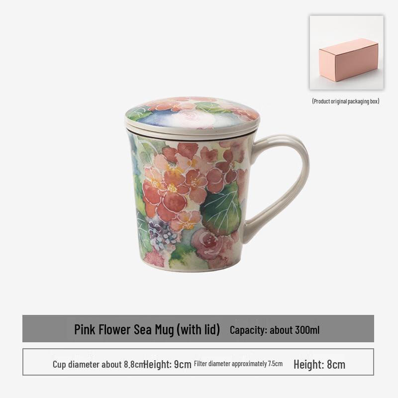 Handun Blue Ceramic Floral Mug with Lid