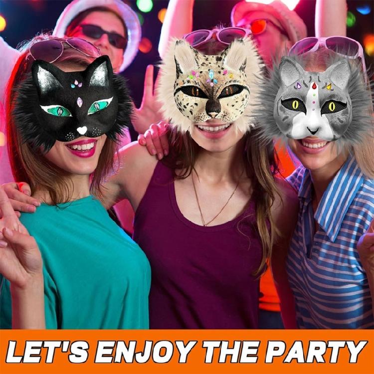 Cats  Foxes Mask with Furs Eye Mesh Felts Sheet Therians Dress Up Mask to Paint for Halloween Masquerade Cosplay Party