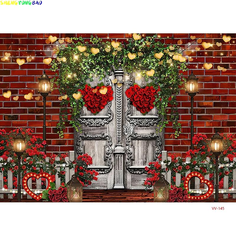 Vinyl Custom Glamorous Valentine's Day Photography Backdrops Props Pink Bokeh Red Rose Vintage Wooden Door Wall Background AL-21