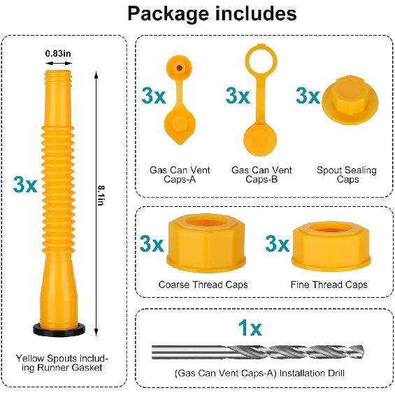 Gas Can Spout Replacement,Fuel Can Spout,Gas Tank Nozzle,Gas Tank Spout,(3Kit-Yellow) With 3 Coarse Thread Caps & 3 Fine Thread Caps,Flexible Pour