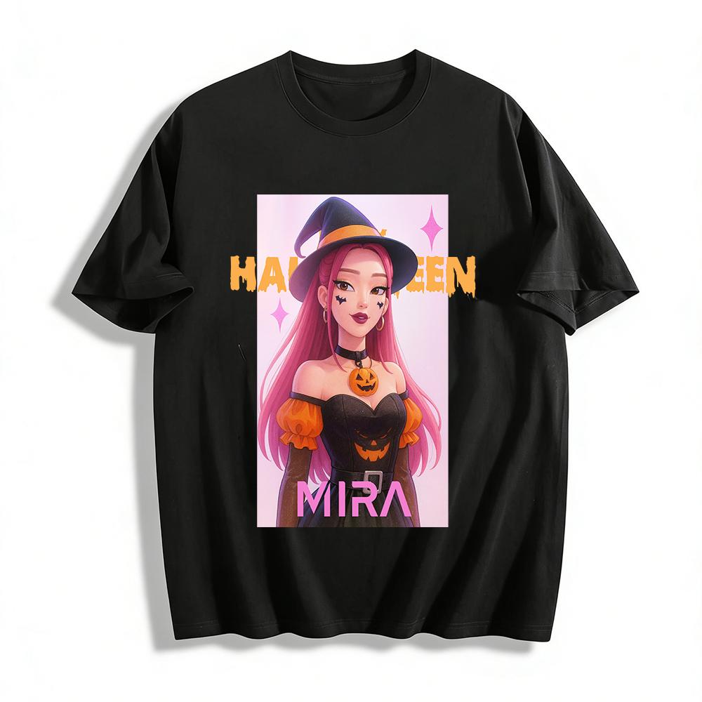 

Halloween Pumpkin Witch MIRA Print Off Shoulder Top Trendy Festive Casual T-Shirt For Women Pure cotton T-shirt 6XL