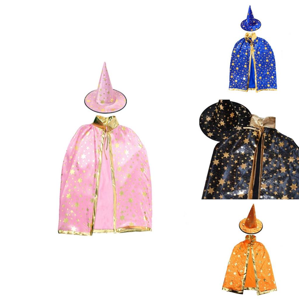 Halloween Cosplay Wizard Cape For Kids With Dazzling Star Pattern And Hat