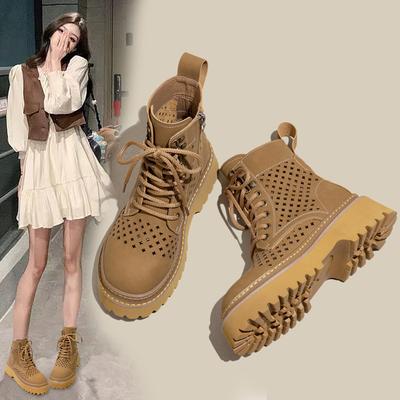 Hollow Yellow Boots Women's 2025 Summer Breathable Cool Boots Leather Punched Martin Boots Inner Height Increase Casual Women's Short Boots