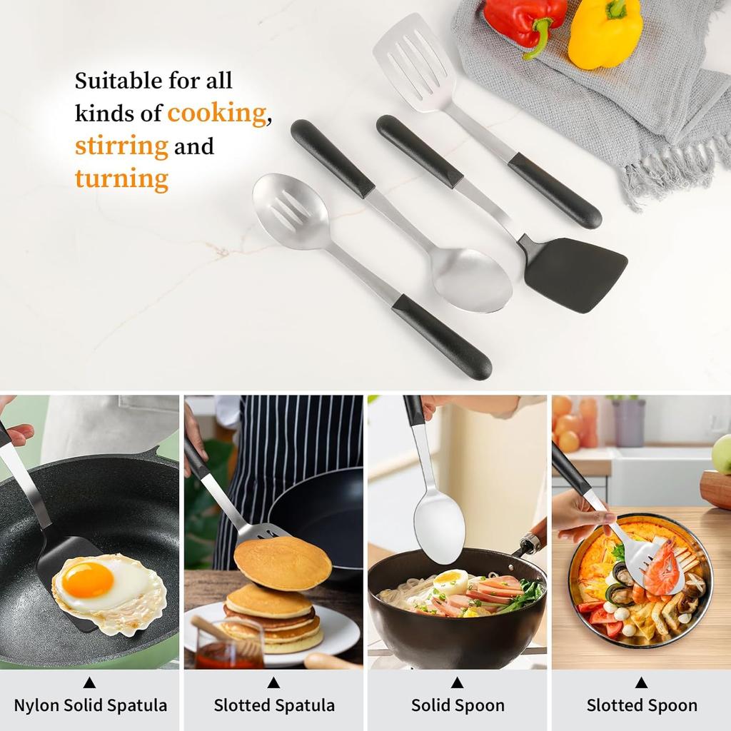 Stainless Steel Cooking Utensils Set, 4-piece Kitchen Utensil Set with PP Handles, Dishwasher Safe, Non-Stick and Heat Resistant, Spoons, Spatula for