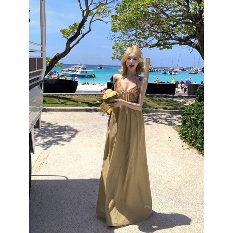 

Кумикуми Хаки Платье с пайетками в стиле пэчворк на шее Женское летнее сексуальное платье на бретелях Отпуск Ветровые юбки миди Khaki Slip Skirt L