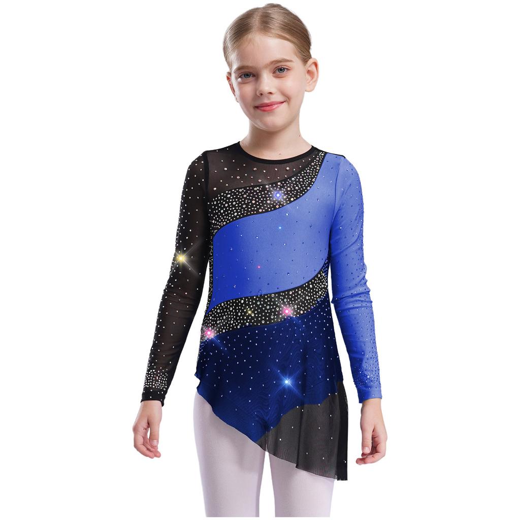 Girls Gymnastics Costume Long Sleeve Sheer Mesh Design Patchwork Sparkling Rhinestones Color Block Leotard