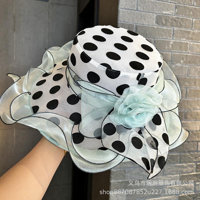 Fashion summer travel visor British elegant organza hat women's sunscreen big edge polka dot top hat