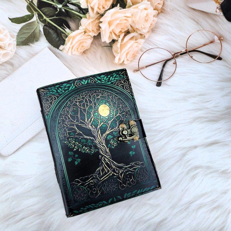 Tree & Moon Leather Journal, Leather Notebook, Sketchbook, Leather Dairy, Deckle Page Writing Journal, Book Wedding Gift, Personalized Gift.