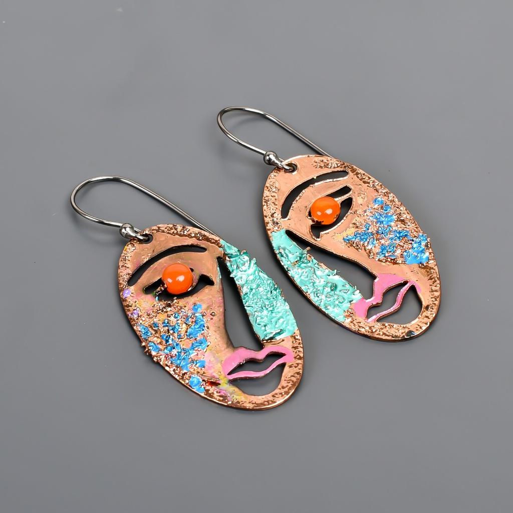 Round Carnelian Stone Copper Dangling Hook Multi Electroformed Earrings Jewelry V-93